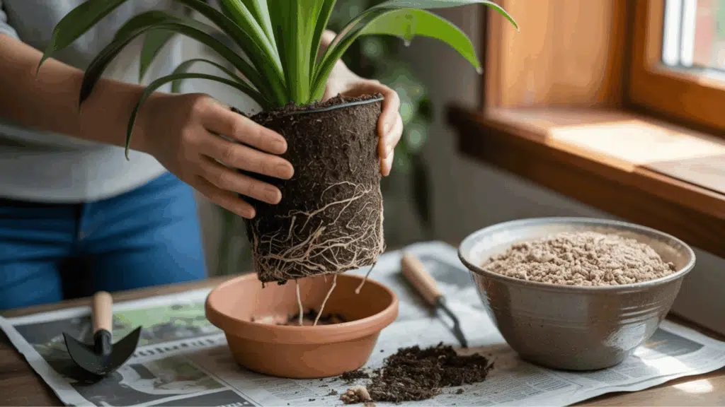 hands gently removing a houseplant from a pot with old, dark soil, roots visible, fresh bright potting mix in a bowl nearby on a newspaper-covered table, repotting process