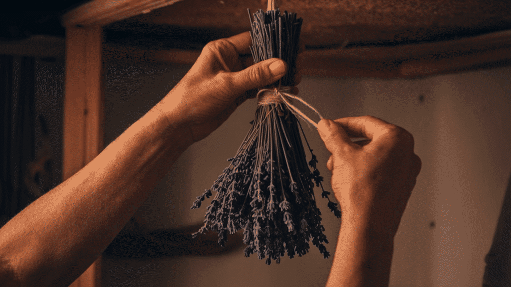 hands hanging a tied lavender bundle upside down in a dark dry space to air dry and preserve fragrance