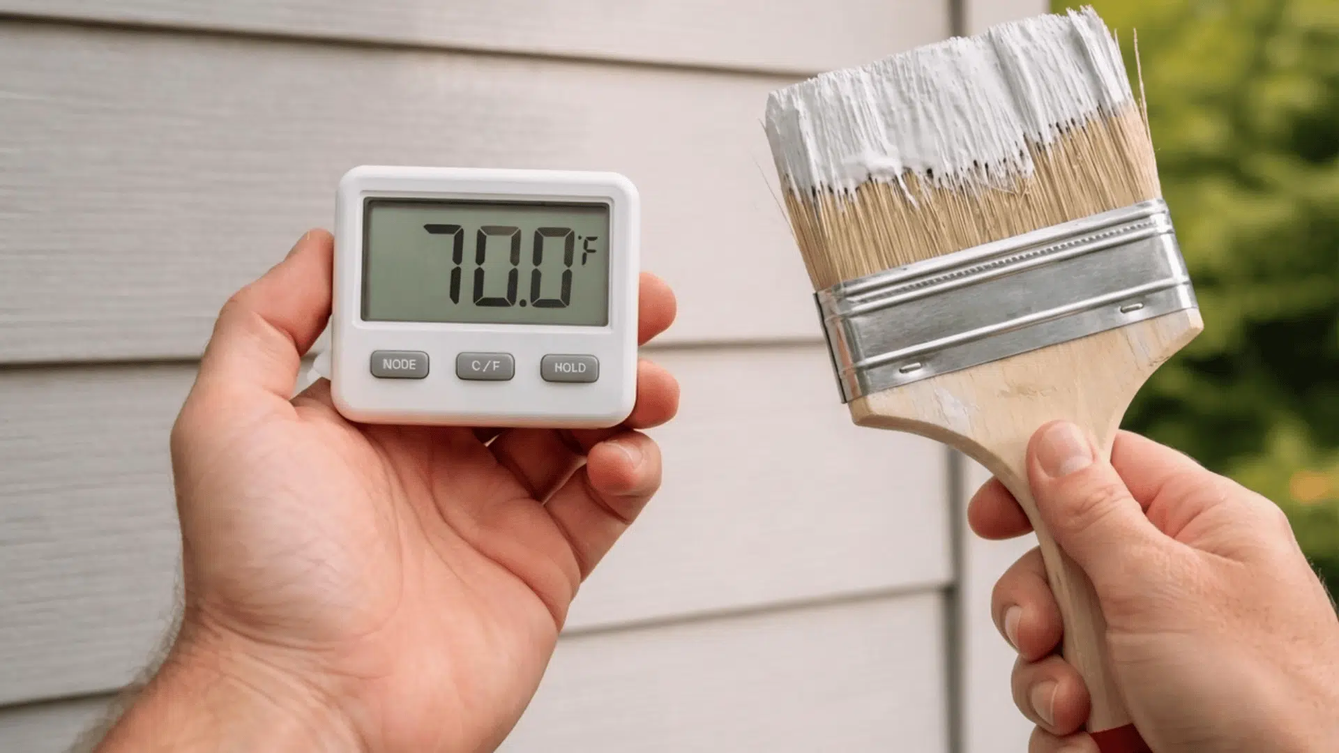hands holding a digital thermometer and paintbrush near an exterior house wall checking the right temperature to paint outside