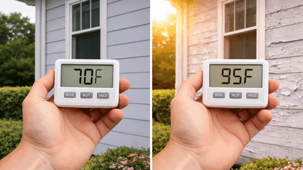 hands holding thermometers showing 70°F near smooth exterior wall in mild weather and 95°F near cracking paint in harsh sunlight