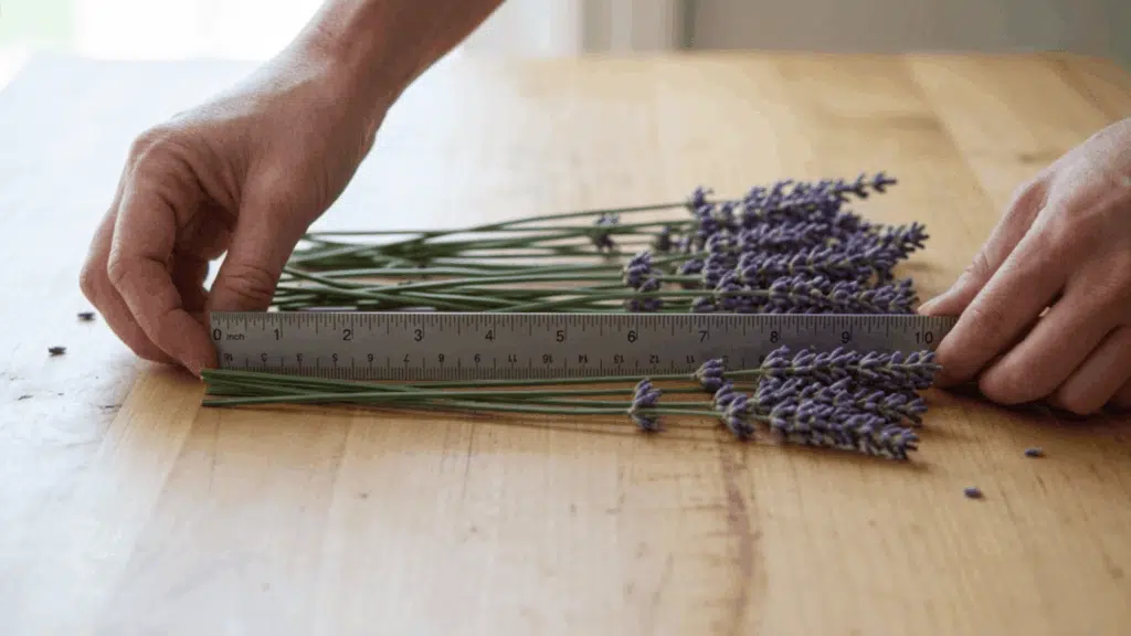 hands measuring freshly cut lavender stems to the correct length before bundling for the drying process