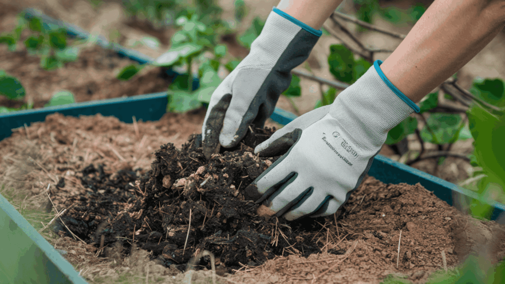 hands mixing compost into garden soil to improve nutrient content and support healthy root growth