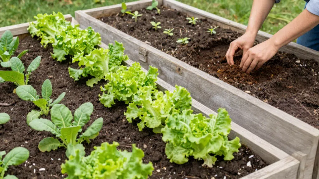 hands planting young seedlings in a wooden raised garden bed beside rows of fresh lettuce