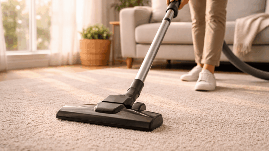 hands pushing a vacuum cleaner across a carpeted floor as part of a weekly house cleaning checklist on a sunny morning