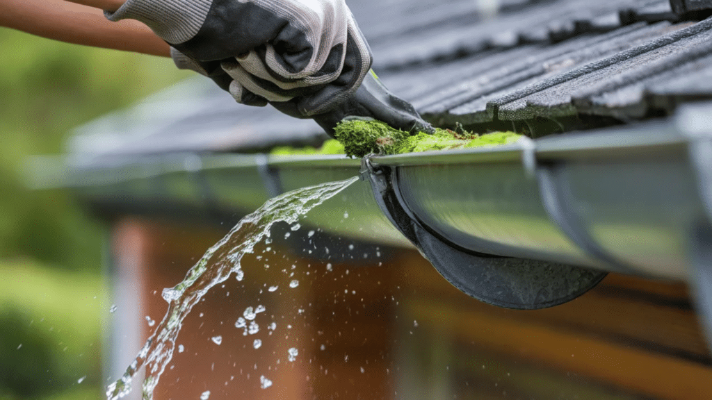 hands removing moss debris from roof gutter with water flushing through downspout