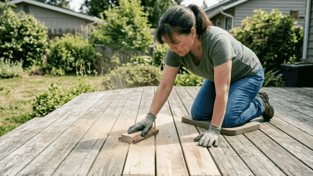 hands sanding wood surface with sandpaper to smooth texture before painting