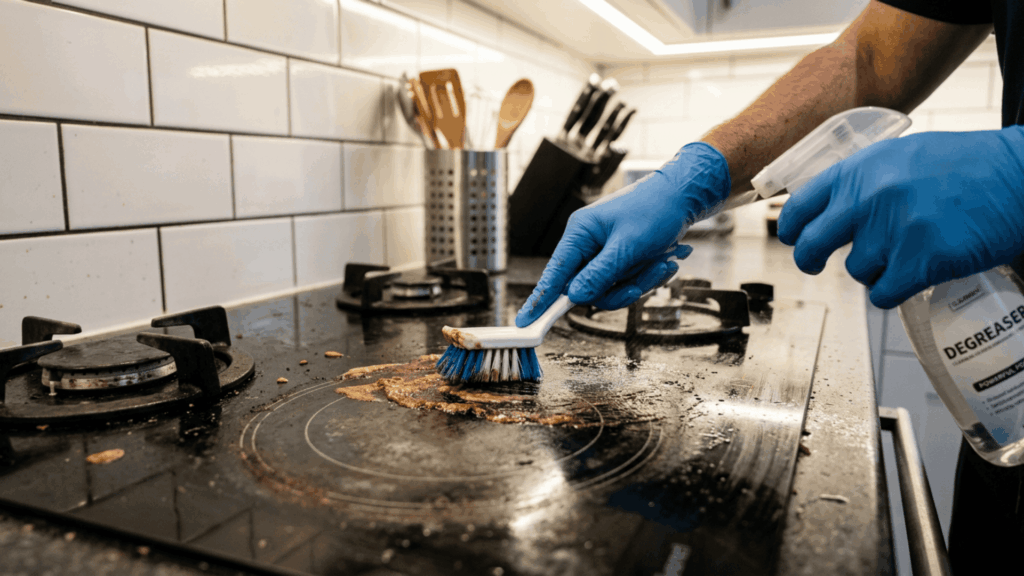 hands scrubbing the stovetop and backsplash with a cleaning brush as part of a detailed kitchen cleaning checklist