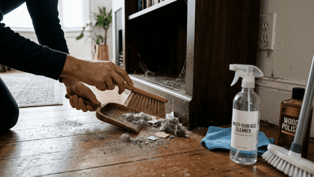 hands sweeping dust from behind furniture during a deep cleaning session at home carried out every few months