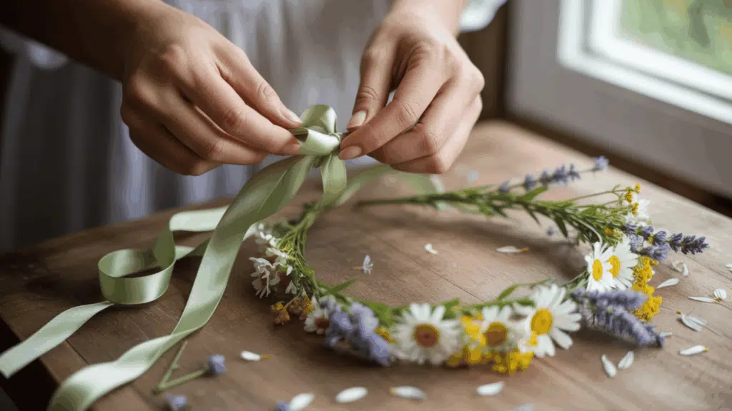 hands tying a green ribbon bow on a flower crown made of daisies, lavender, and yellow wildflowers on a wooden table