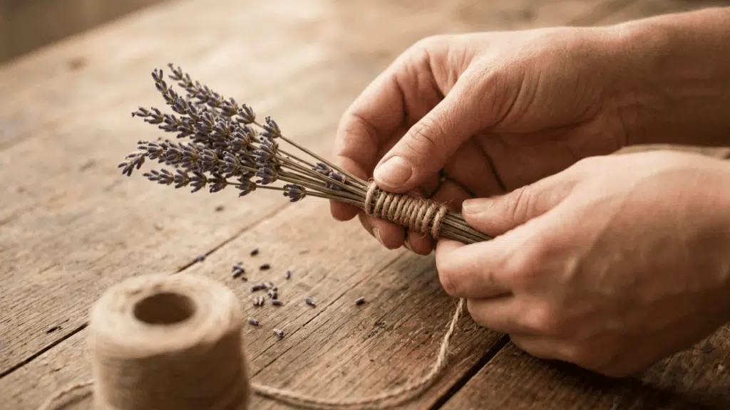 hands tying a small bundle of lavender stems with twine to allow proper airflow during the drying process
