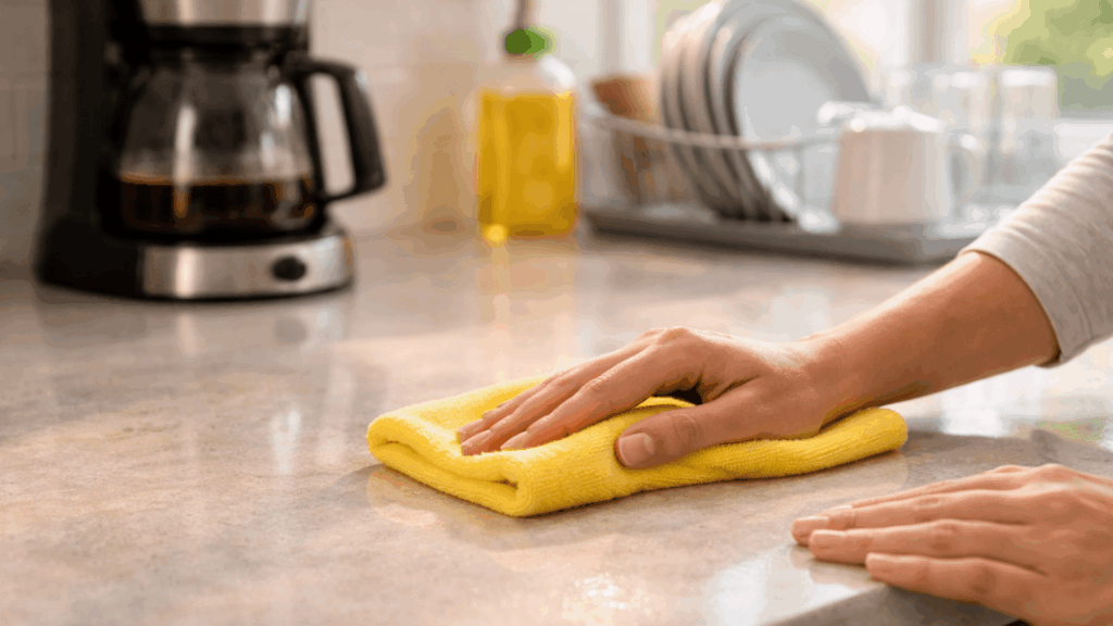 hands wiping kitchen counters with a microfiber cloth as part of a daily cleaning checklist routine in a bright modern home