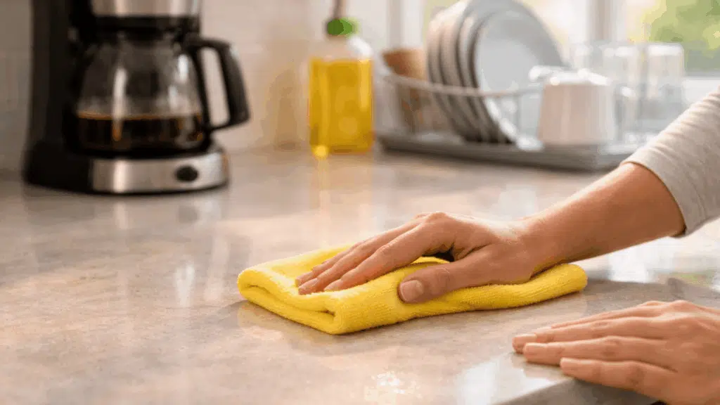 hands wiping kitchen counters with a microfiber cloth as part of a daily cleaning checklist routine in a bright modern home