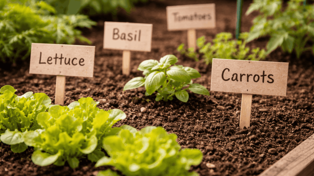 handwritten cardboard plant labels on wooden sticks placed in front of seedlings in a garden bed to track plant varieties