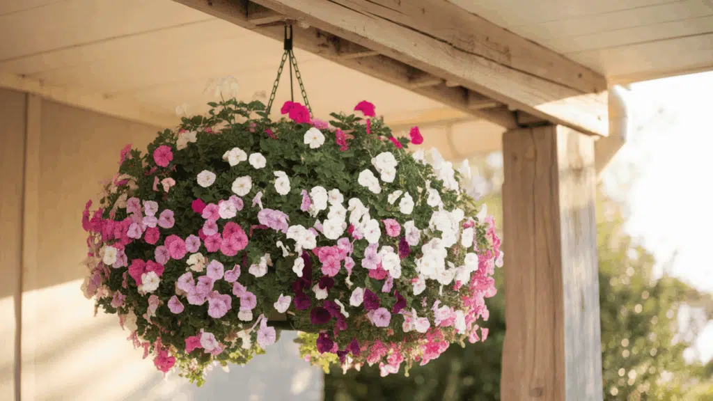 hanging basket filled with pink and white petunias blooming on a porch, creating a lush cascading display in warm sunlight