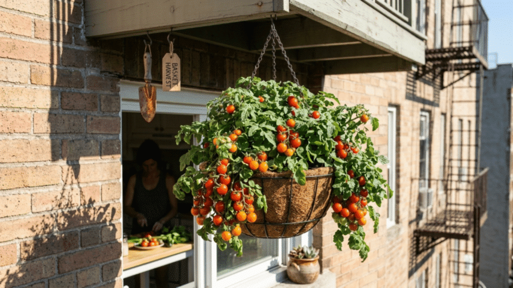 hanging basket tomato plant full of ripe cherry tomatoes outside brick apartment window with kitchen scene visible inside
