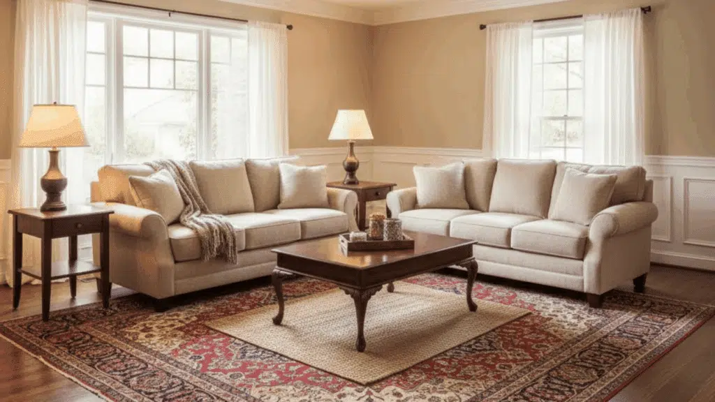 hardwood flooring with persian rug in classic living room