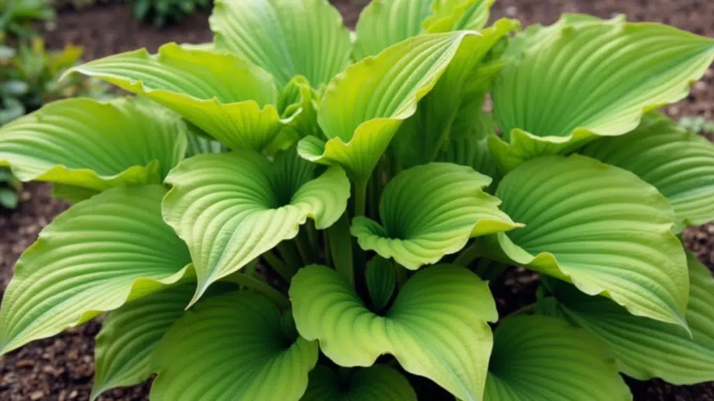 healthy hosta plant growing under trees with rich green foliage