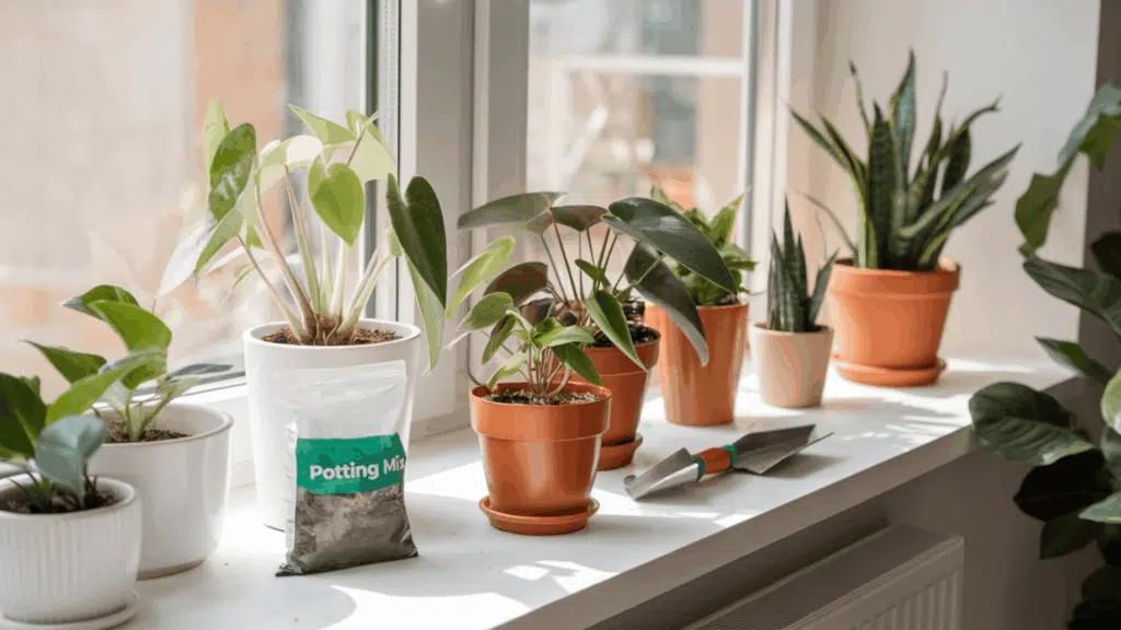 healthy indoor houseplants in various pots arranged on a bright windowsill with a small bag of potting mix beside them