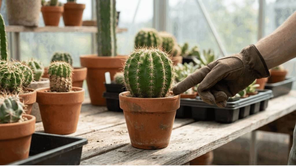healthy potted cactus in a greenhouse being checked by a gloved hand before propagation.