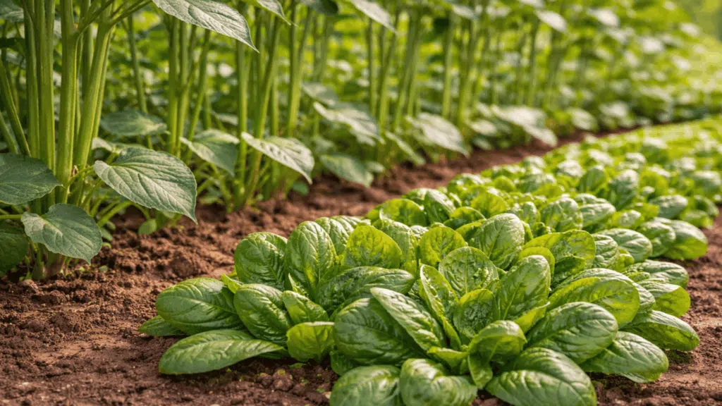 healthy spinach plants growing next to tall okra in a sunlit garden bed