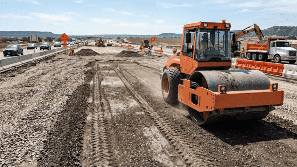 heavy industrial roller compacting a dense layer of earth and crushed stone on a highway construction site.