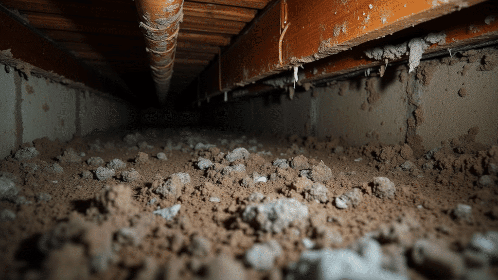 heavy mold buildup on wood framing and insulation in poorly ventilated crawl space
