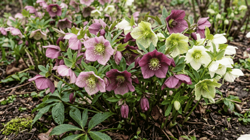 hellebores with soft pink and white blooms growing in a shaded garden with natural spring light