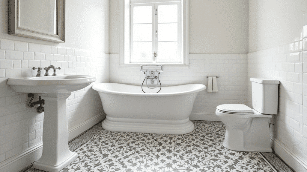 heritage bathroom with intricate Victorian Minton-style black white and grey encaustic geometric floor tiles