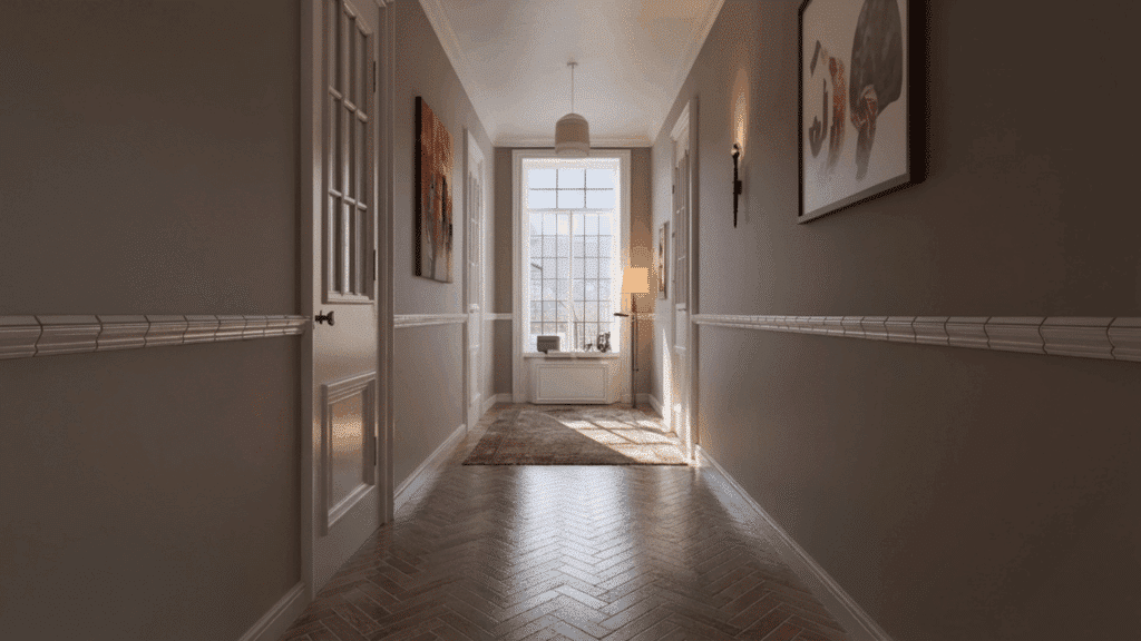 herringbone floor pattern in a long narrow hallway with neutral walls showing how the layout spreads visual movement evenly across the space