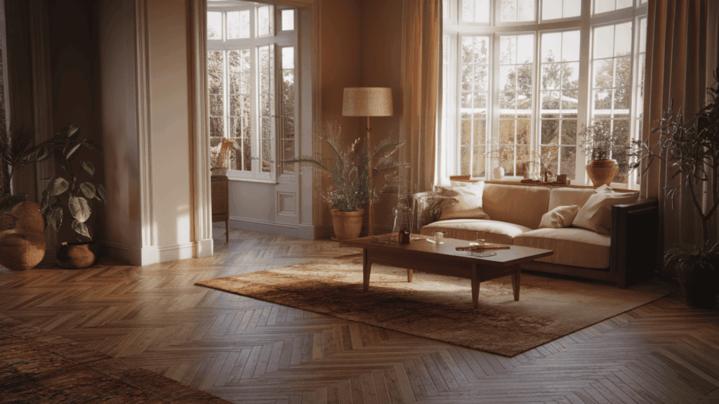herringbone wood floor in a traditional living room with warm tones and natural light showing the staggered zigzag pattern across the space