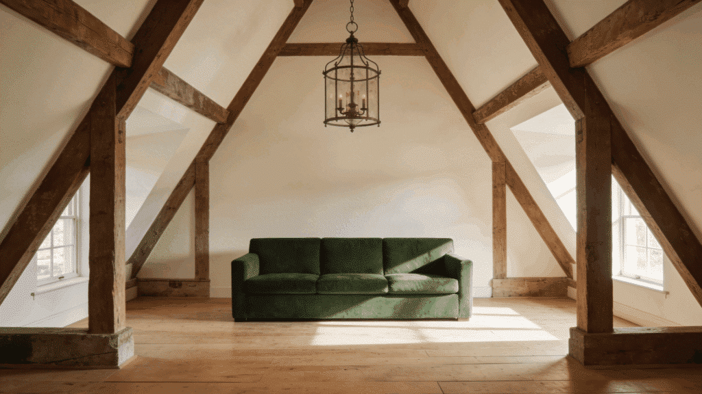 high ceiling farmhouse living room with green sofa and vintage chandelier