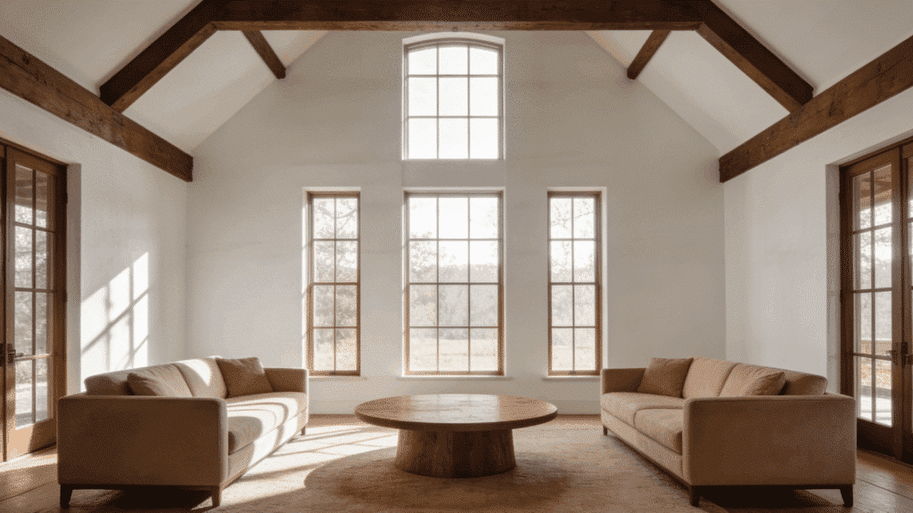 high ceiling living room with beige sofas facing each other and round wood coffee table