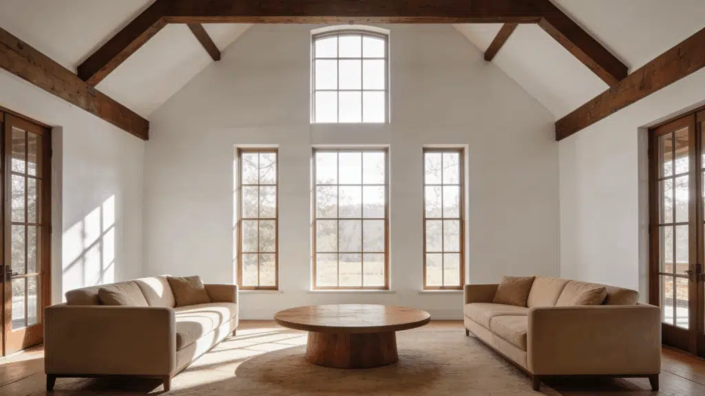 high ceiling living room with beige sofas facing each other and round wood coffee table