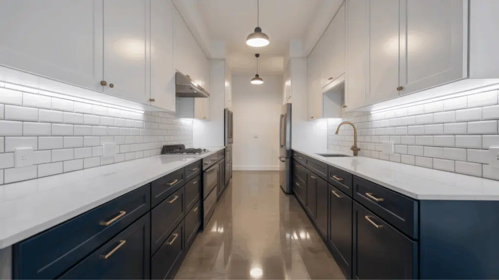 high-contrast galley kitchen withblue cabinets and white walls for a bold design.