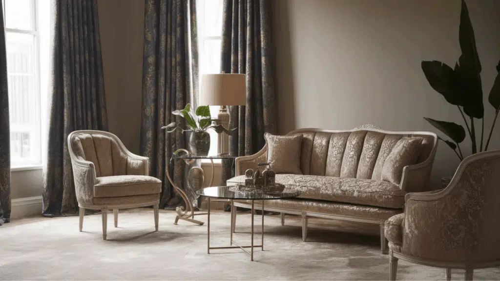 high quality fabrics used on sofa set in a victorian theme room