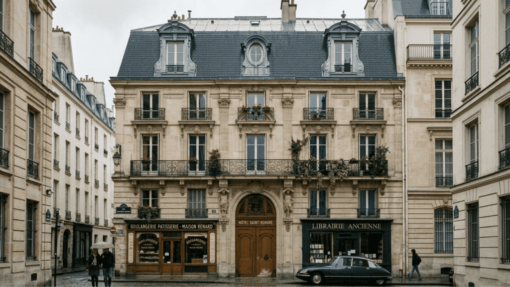 historic european townhouse with ornate facade balconies street shops and classic architecture in city street