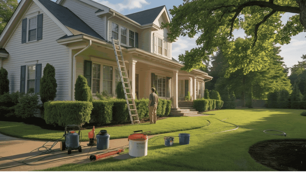 home exterior inspection with ladder and maintenance tools placed on the lawn