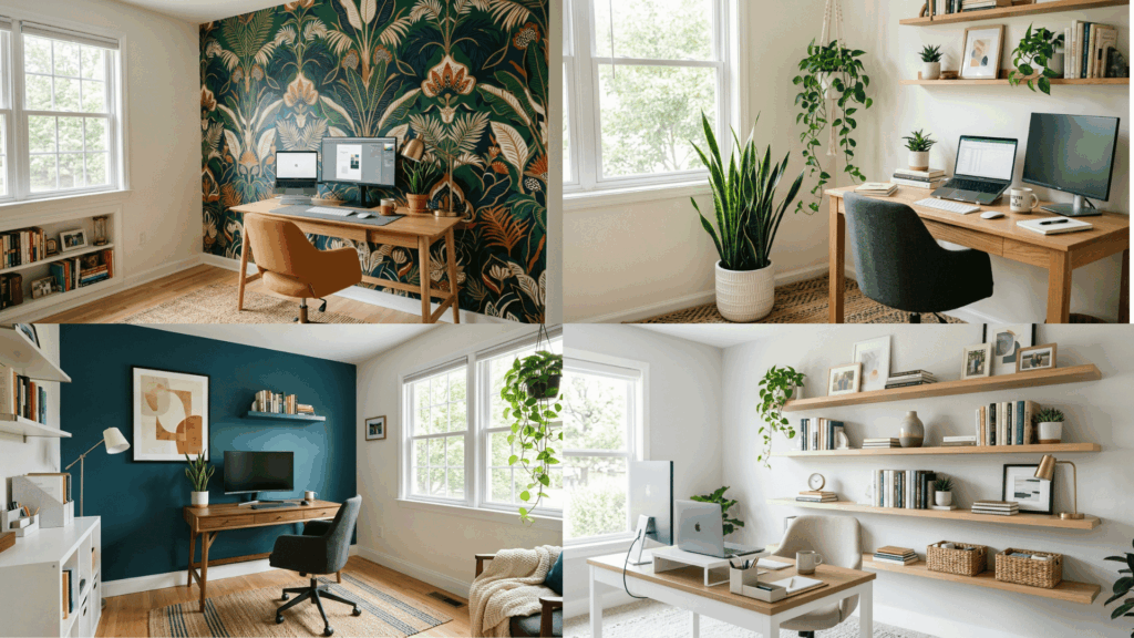 home office designs with bold wallpaper, plants, shelves, and modern desk setups.