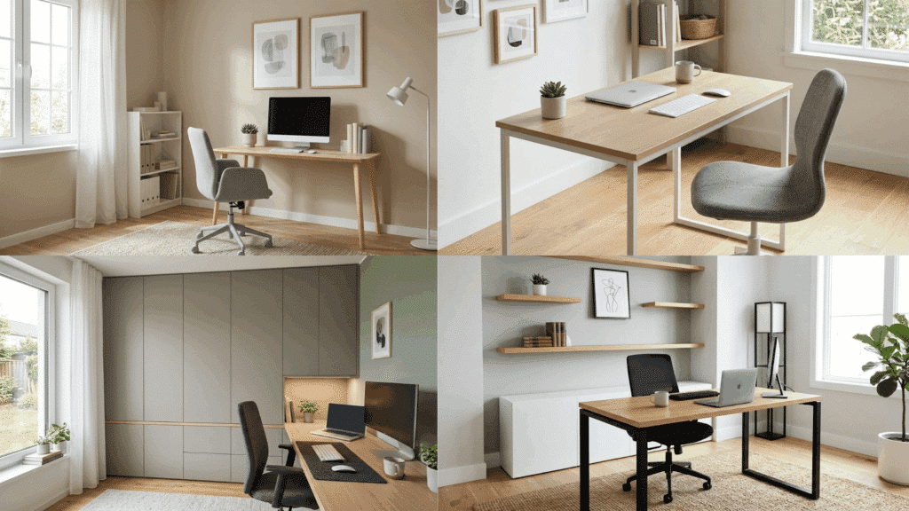 home office ideas with simple desks, neutral tones, and clean modern workspace layout.