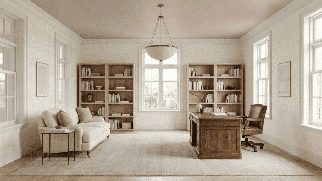 home office with light taupe ceiling, wooden bookshelves, a light sofa, and a wooden desk with a leather chair