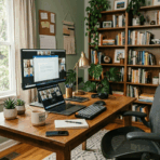 home office with wooden desk, monitor, plants, and bookshelf near window with natural light.