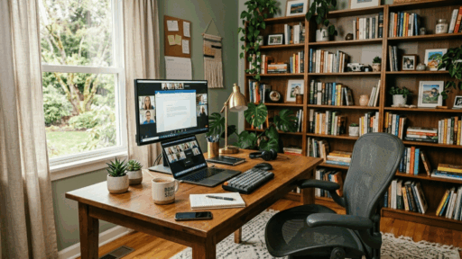 home office with wooden desk, monitor, plants, and bookshelf near window with natural light.