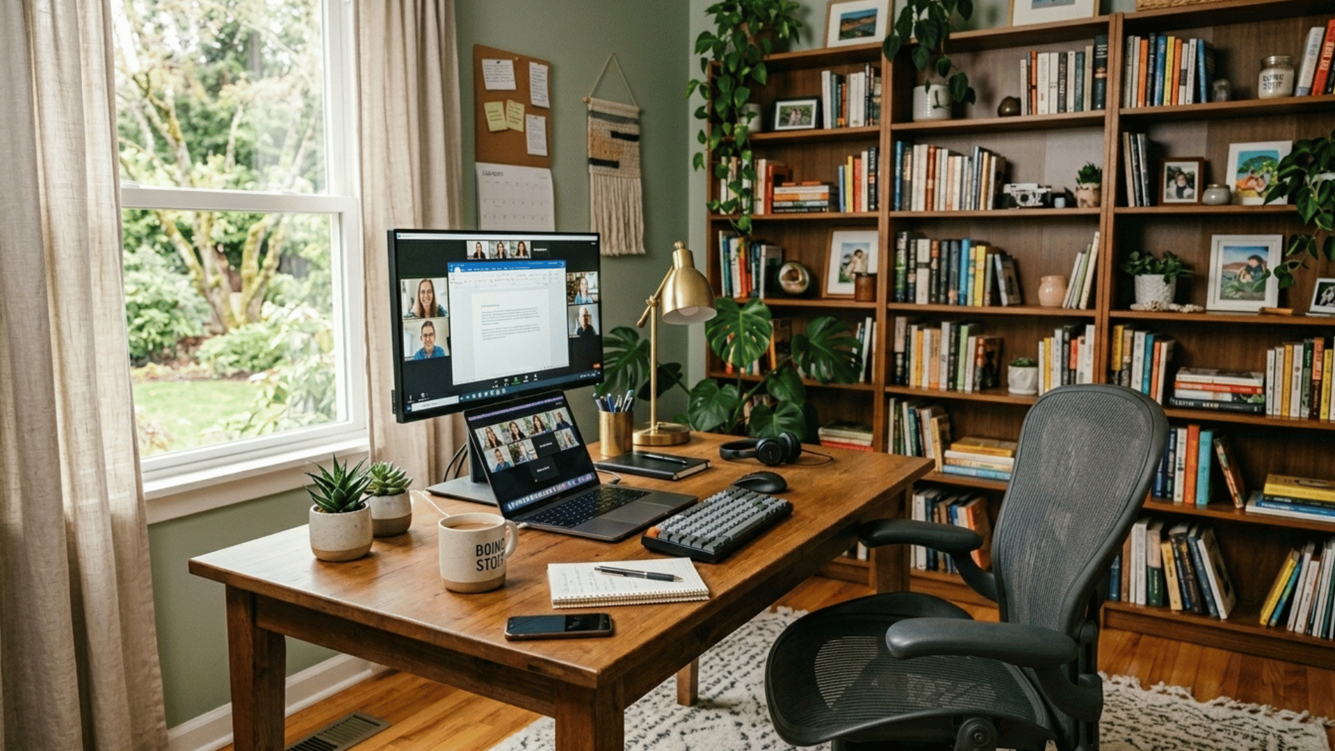 home office with wooden desk, monitor, plants, and bookshelf near window with natural light.