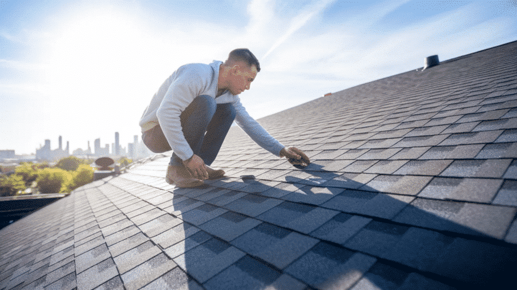 homeowner inspecting clean roof shingles for cracks and damage after moss removal