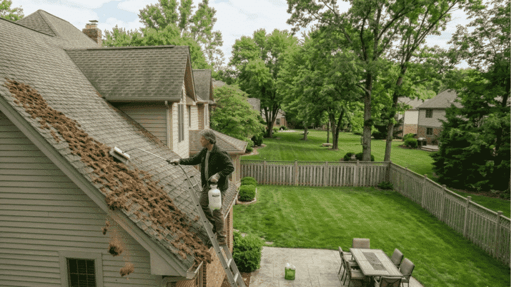 homeowner on ladder gently brushing dry brown moss off asphalt roof shingles after moss killer treatment under bright daylight