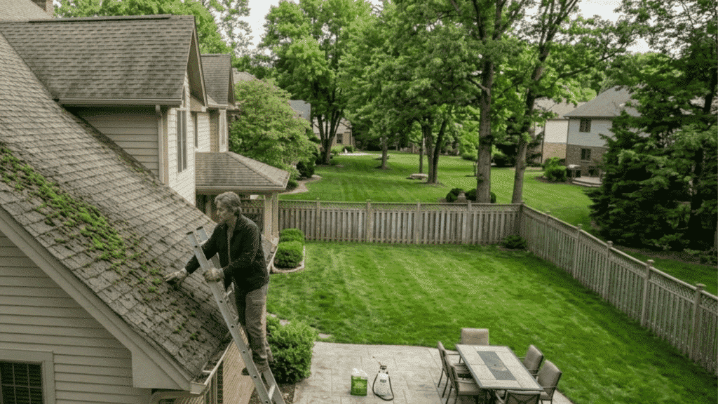 homeowner on ladder touching roof shingles to check if surface is dry before applying moss killer treatment safely