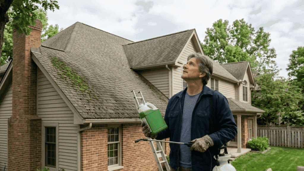 homeowner outside house checking sky and weather while holding moss killer and sprayer before starting roof treatment