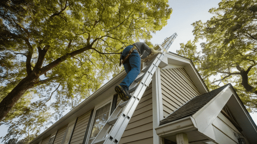 homeowner setting up ladder and wearing safety harness before roof moss removal