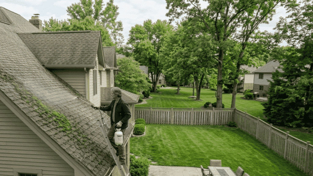 homeowner standing on ladder spraying moss killer evenly across green moss patches on asphalt shingle roof