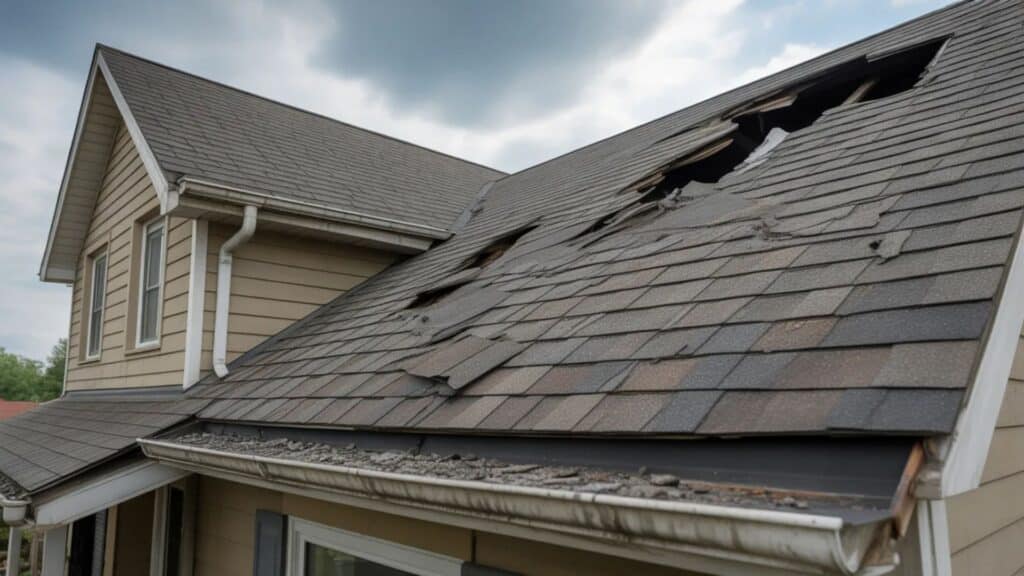 house roof with severe storm damage, showing torn and missing shingles and exposed holes near the ridge, with debris visible in the gutter